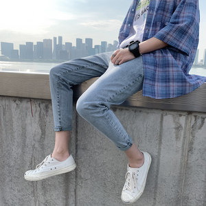 Summer small size men's dwarf small slim small feet jeans casual cropped pants 26 yards 27 middle school pants