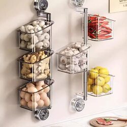 Onion, Ginger, and Garlic Storage Box with Double Suction Cups, Rotating Wall-Mounted Kitchen Multi-Layer Multifunctional Shelf, No-Drill Compartment Basket