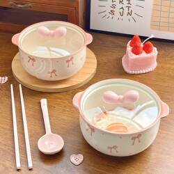 Ceramic Instant Noodle Bowl for Dormitory Students with Lid, High Aesthetic Double-Handle Bowl, Personal Use Ceramic Bowl and Chopsticks, Large Capacity Tableware