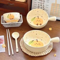 Cute Fruit Bowl with Handle, Underglaze Color, Household Noodle Bowl, Tableware Set for One Person