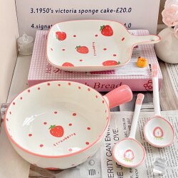 Cute Ceramic Tableware Set for Home Use, High Aesthetic Value for Girls, Dining Bowls and Beautiful Underglaze Plates