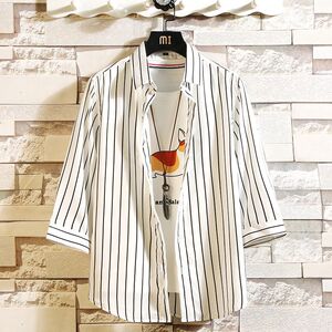 
Foreign trade 2021 summer thin ice silk mid-sleeve shirt for men Korean style slim 7-quarter sleeve striped shirt jacket trendy