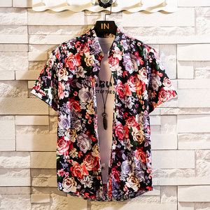 Hawaii Wind Flower Shirt Men's Short -sleeved Sea Beach Resort Men's Ice Filled Shirt Loose Loose Large size top