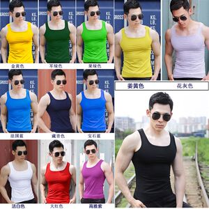 Pure cotton -collar men's vest sports fitness bottoming elastic split sleeveless stripless fine strip -free, two tendon skirt thin models

