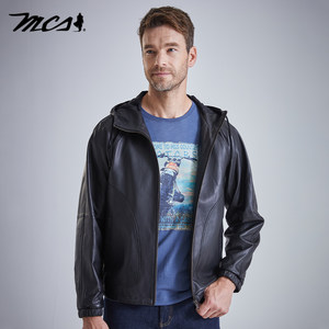 
MCS men's clothing originated from Marlboro autumn new sheep leather hooded casual leather jacket men's black