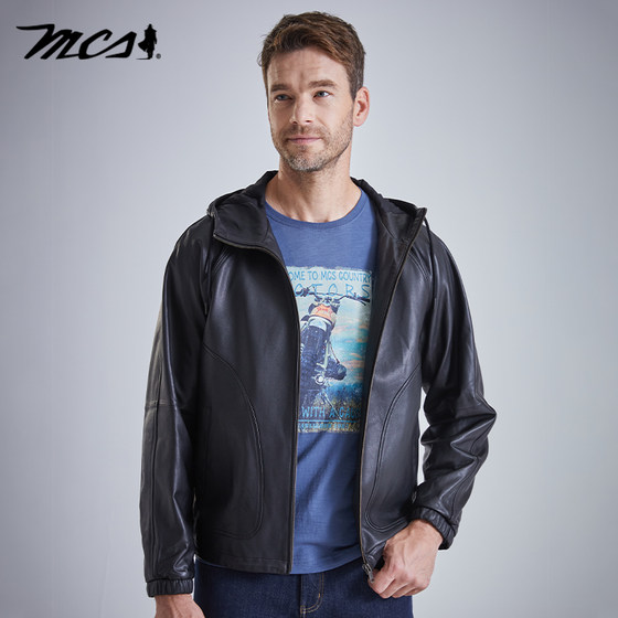
MCS men's clothing originated from Marlboro autumn new sheep leather hooded casual leather jacket men's black