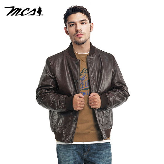 
MCS men's clothing originated from Marlboro autumn and winter fitting version baseball collar A-1 pilot sheep leather down leather jacket