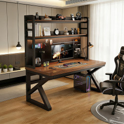Desk with Bookshelf, Integrated Table with Perforated Board, Desktop Computer Desk, Bedroom Writing Desk, Home-Use Solid Wood Gaming Desk