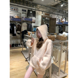 Jijilu Lu positive oxygen sense Korean women's sheep wool blend hooded sweater top shorts two-piece set