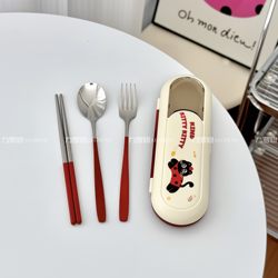 Cartoon ins Stainless Steel Three-Piece Cutlery Set (Spoon, Chopsticks, Fork) Portable Cutlery Storage Box, a Must-Have for Commuters