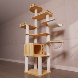 Mercury Meow Cat Climbing Frame, Large Solid Wood Space Cat Tree Villa, Cat Jumping Platform, Integrated Natural Wood Scratching Post, Cat Toy