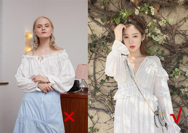 同样的肩线,因为衣服的领口开口程度不同,肩线也随着随着改变
