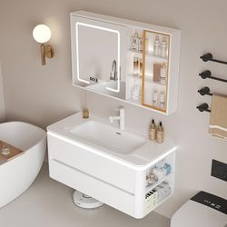Solid wood cream style ceramic integrated basin bathroom cabinet combination bathroom washbasin washbasin washstand cabinet customization