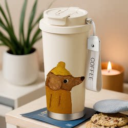 Oil Painting Dog Design Ceramic Stainless Steel Inner Liner Large Capacity Straw Insulated Cup Portable Coffee Cup Water Cup
