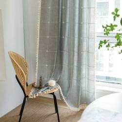 Gray Finished Curtains with Embroidery, Cotton and Linen, Solid Color Plaid, Coffee Color, Thermal Insulation, for Living Room and Kitchen, Rod Set, Partition Curtain
