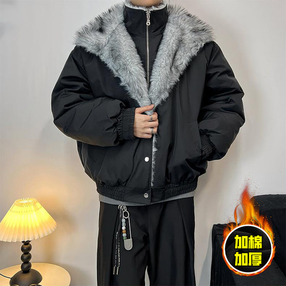 
American fake two-piece mountain carving cotton coat for men and women, same style winter fur collar handsome plus velvet warm cotton coat couple jacket