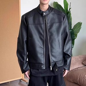 
American retro short style loose stand collar motorcycle leather jacket men's autumn and winter casual design handsome PU leather jacket