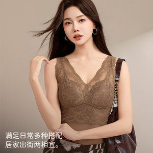 
Sexy V-neck lace brushed thermal vest for women, bra-free with breast pad support, slim fit autumn and winter thermal vest