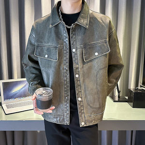 
American silhouette motorcycle leather jacket for men, retro distressed texture washed PU leather jacket trendy
