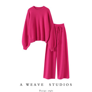 The ideal type of commuting! The more you cross the love ~ the thickened the lantern sleeve thickened pure cashmere shirt, the female sweater, wide -leg pants cashmere suit
