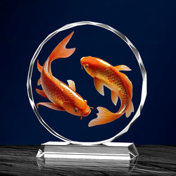 Year after Year, There Is Always Surplus and Good Fortune. Double Koi Crystal Painting Ornaments, High-End Home Desktop Decoration, Living Room and Study Craft Display Stand