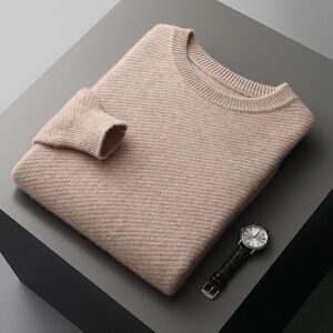 New autumn and winter 100% pure cardigan men's round neck twill thickened knitted sweater casual loose cashmere base shirt
