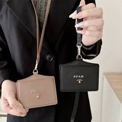 Trendy Brand Cross-Pattern Leather Id Work Badge Card Holder Horizontal Version Neck Lanyard Anti-Loss for Women