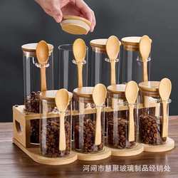 Round glass sealed jar household coffee bean storage jar with wooden spoon condiment bottle kitchen food storage jar set