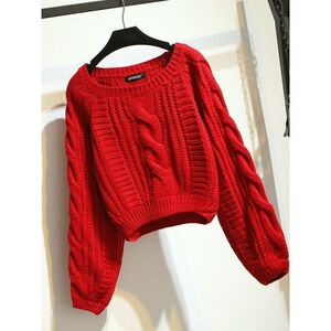 
Outer wear autumn and winter Korean style big red loose short style new A women's woolen twist thick lazy style sweater pullover