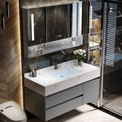 Smart 304 stainless steel slate bathroom cabinet combination bathroom hand wash basin cabinet washbasin set
