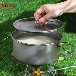 Pure titanium double-ear soup pot with lid for outdoor travel, self-driving, mountaineering and camping, large-capacity portable folding outdoor cooker