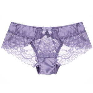 French European and American light luxury pearl light satin sexy transparent lace V -shaped hip hip female triangle trousers smoked purple
