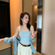 Large size new wide shoulder strap suspender vest for women with breast pads and blue slimming outer top summer
