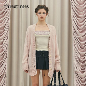 
threetimes pink relaxed mid-length knitted cardigan for women in winter loose sweet lazy style sweater jacket