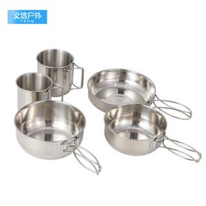 
Outdoor 304 stainless steel portable cup and bowl mountaineering portable 5-piece pot set camping picnic barbecue travel fishing tableware
