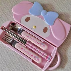 Japanese My Melody Chopsticks and Spoon Set, One-Person Dining Utensils with Storage Box, Student Stainless Steel Spoon, Portable Three-Piece Set