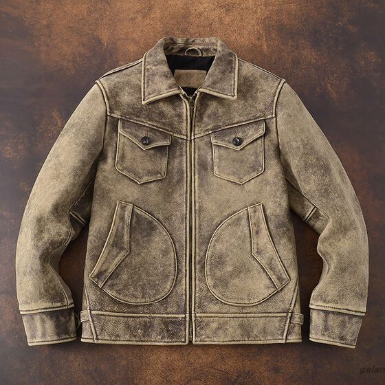 
American retro Mendoza Farmer heavy washing old leather jacket men's head layer cowhide motorcycle jacket genuine leather jacket