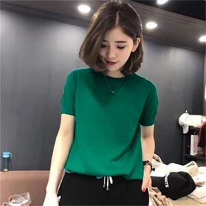 Ice silk knitted base shirt for women in summer 2025 thin half-high round neck candy color short-sleeved T-shirt women's top trendy