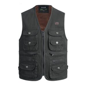 
Autumn and winter men's vest with velvet warm horse clip pure cotton loose large size middle-aged and elderly V-neck vest multi-pocket solid color