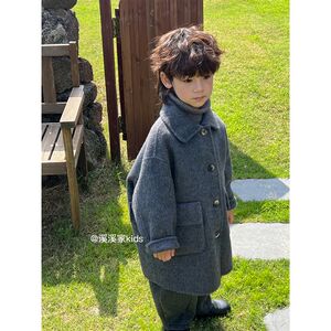 
Boys 100% wool double-sided cashmere coat 2024 autumn and winter Korean version of children's clothing fashionable girls' gray wool coat