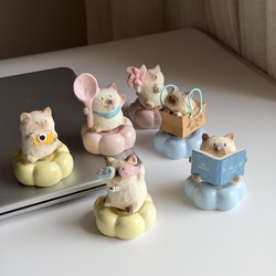 Cute Cat Jingdezhen Ceramic Rotating Ornament for Work Desk, Stress-Relief Decoration, Cat Companion Blind Box Desktop Decoration