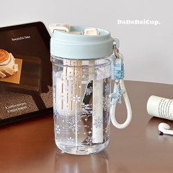 Snowflake High-Value Plastic Cup with High Temperature Resistance, Straw Cup, Water Cup for Girls, Portable, Student, Transparent, Dual-Use ins Style