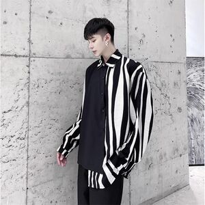 
Spliced irregular striped shirts for men, trendy, youthful, casual, loose, versatile, long-sleeved shirts, thin jackets, popular tops