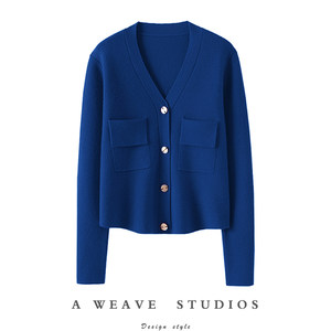 
Full of temperament! Thickened and densely woven 100 cashmere cardigan for women V-neck short pure cashmere sweater knitted jacket