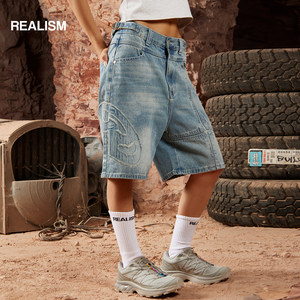 
REALISM summer new VIVANT retro washed raw edge star-shaped deconstructed heavy-duty denim shorts for men and women
