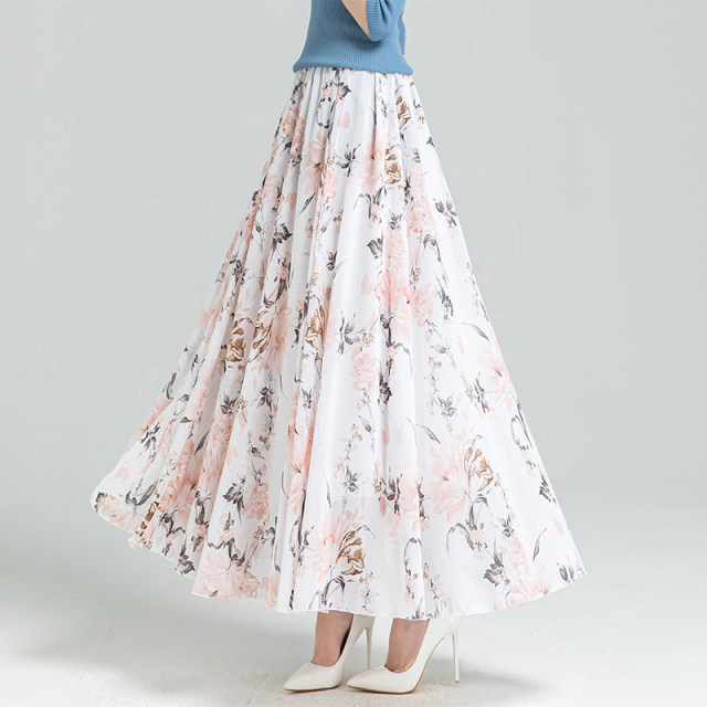 2025 summer new versatile floral chiffon half-body long skirt for women large size high waist mid-length A-line dance skirt