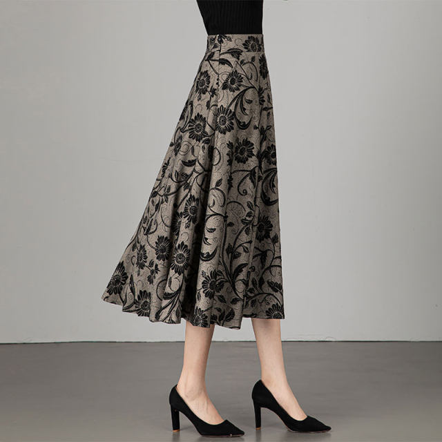 2025 Spring and Autumn New Printed Skirt for Women High Waist Slim Mid-Length Large Size Versatile A-line Umbrella Skirt
