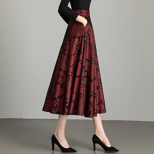 Printed skirt for women Spring and Autumn 2025 new high-waisted A-line skirt mid-length large swaying and slim pleated skirt umbrella skirt
