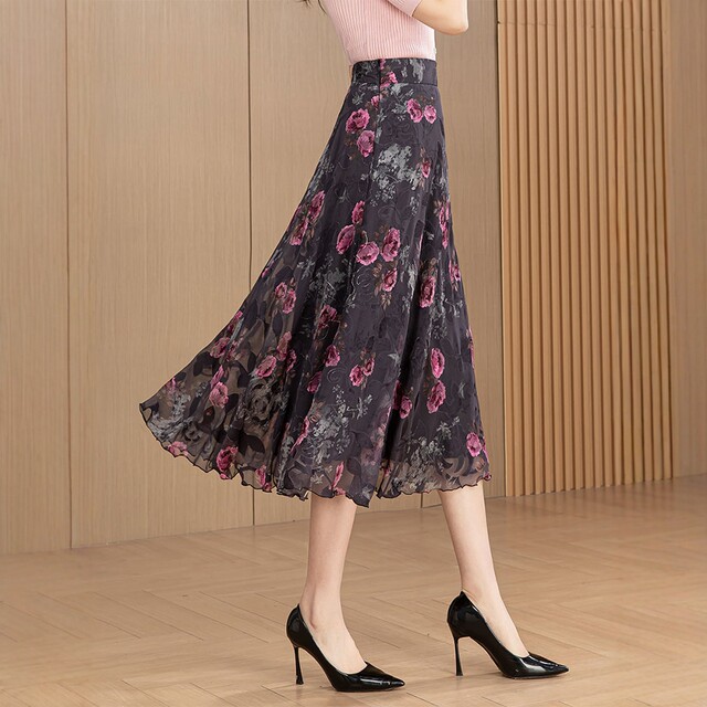 2025 summer new style flower-cut chiffon skirt for women A-line versatile midi skirt high waist large size slim dance skirt
