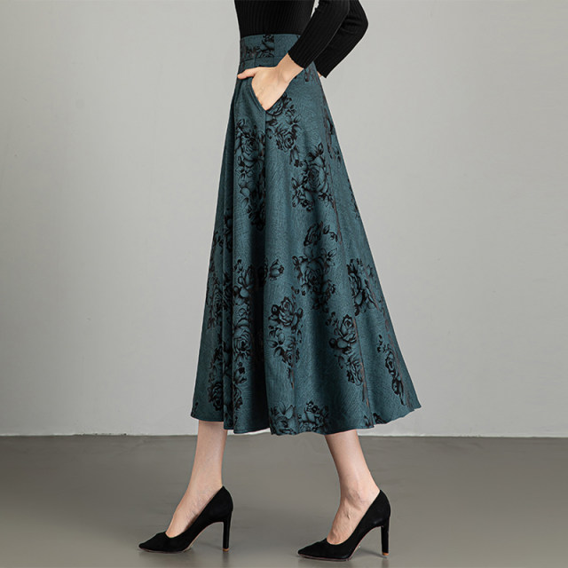 2025 Spring and Autumn New Printed Drooping Skirt for Women High Waist Slim Large Size Over-Knee A-line Skirt Large Swing Mid-Long Skirt
